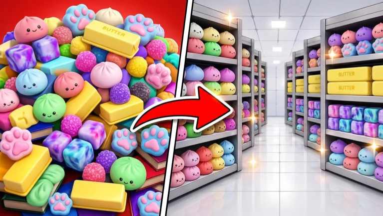 A colorful Clean the Squishies shop scene